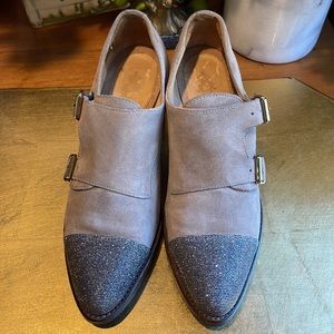 The Office of Angela Scott Mr. Colin Double Monk Strap Suede Heels